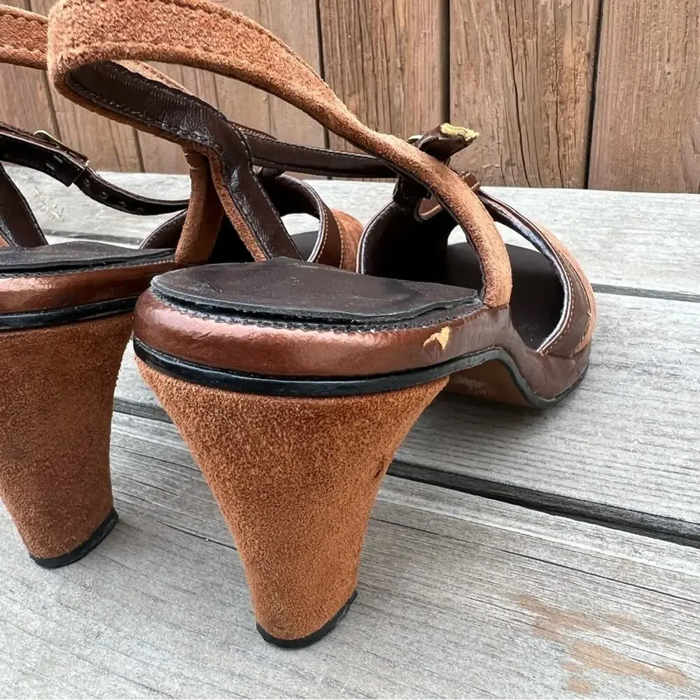 VTG 70s Hush Puppies Brown Velvet Sling Back Heels 8 1/2M